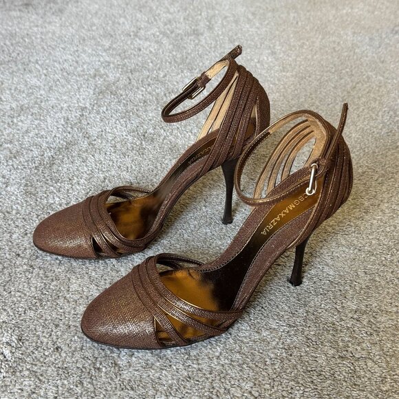 Like New BCBGMAXAZRIA Brown/Gold Leather Heels Size 5.5 - Picture 1 of 7